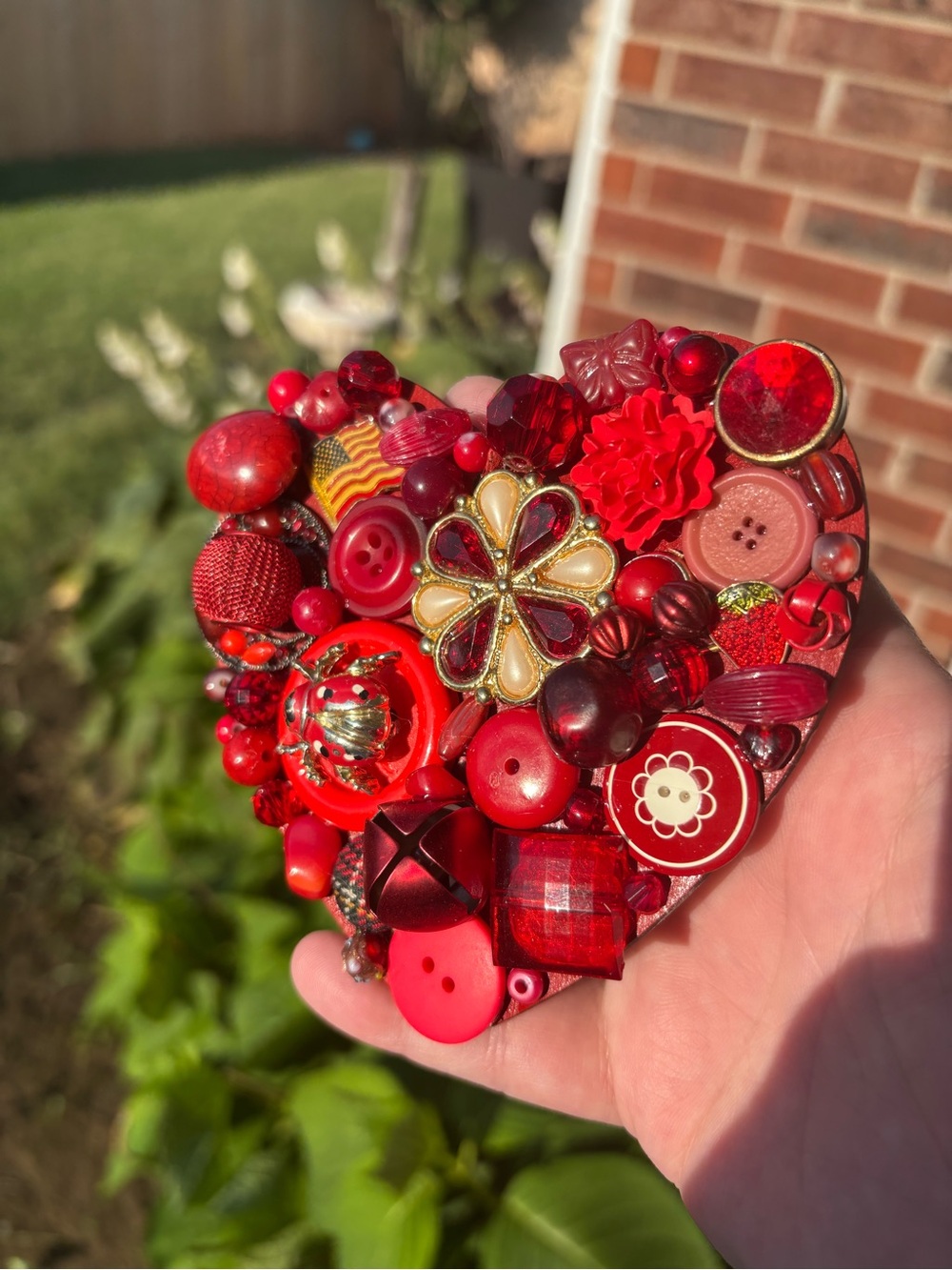 Hand Crafted Red Heart Ornament with Vintage Beads, Buttons, and Jewelry!! - Picture 4 of 5